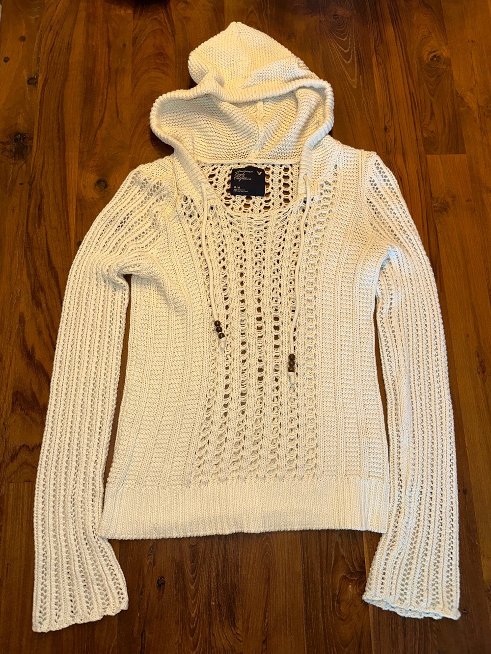 American Eagle Women’s Cream Hooded Open-Knit Sweater Size Medium.